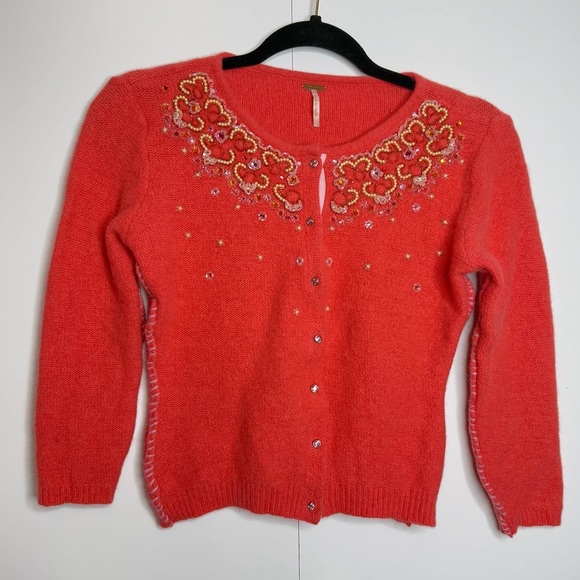 Free People - Vintage Beaded Wool Cardigan - Hot Pink Coral XS - Picture 1 of 9